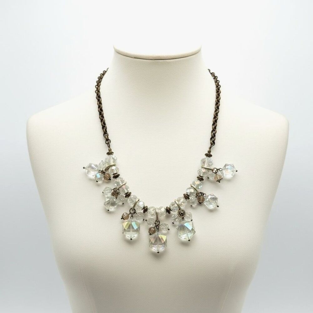 Vintage Bronze Tone Aurora Borealis AB Clear Crystal Cluster Cascade Bib Necklac